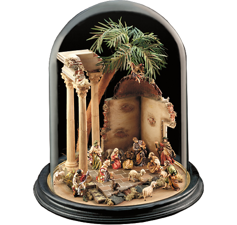 Crib under glass dome without figures Woodcarving nativity and chess set in wood Italy Val Gardena Demetz Patrick