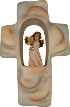 Wolkenkinderkreuz mit Engel mit Hostie, Holz SA3194 (12 cm, lasiert)